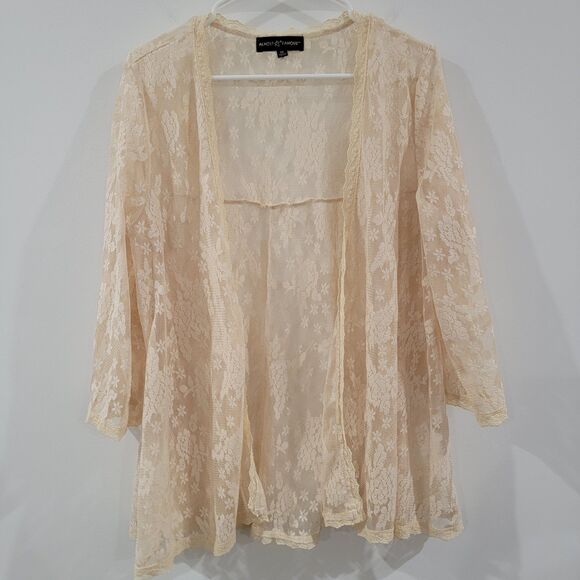 Womens Lace Floral Open Cardigan Size 1X Ivory 3/4 Sleeve Sheer Cowgirl - Picture 1 of 8